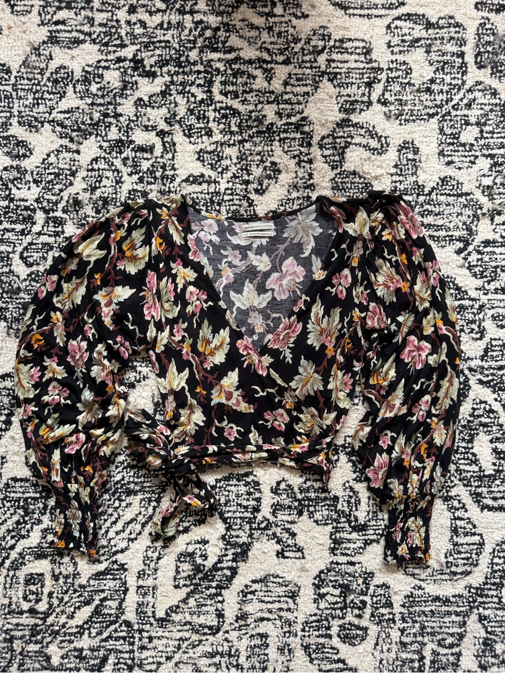 Urban Outfitters Black Floral Wrap Crop Top with Pink & Cream Blooms